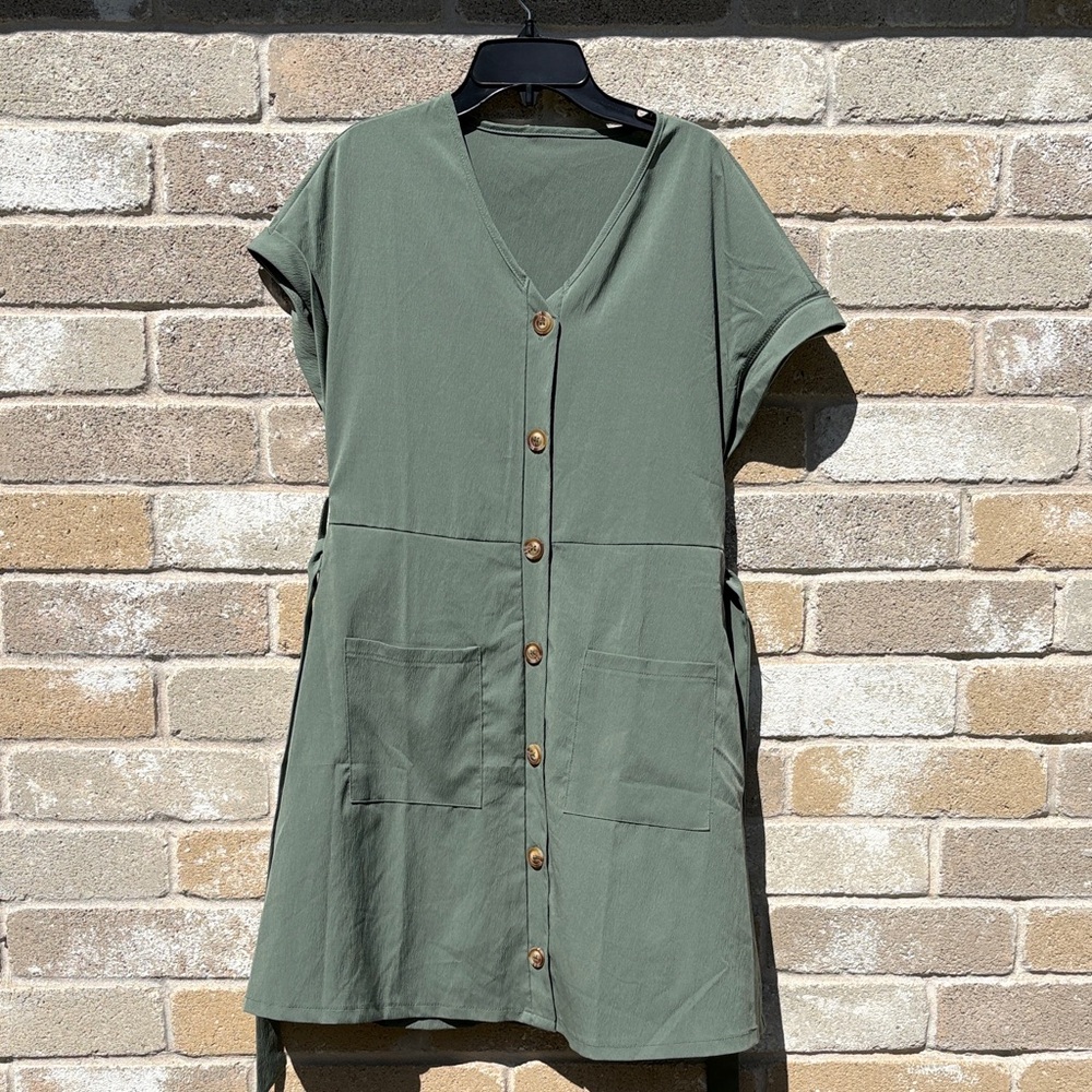 SHEIN Sage Green Button-Down V-Neck Dress